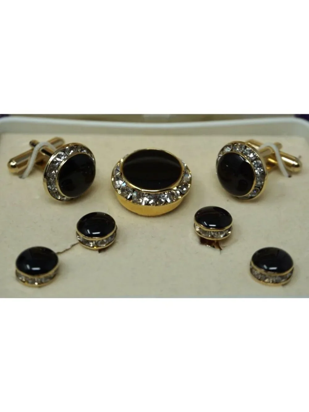 VTG Lord West Mens GoldTone Cufflinks & Studs Set Black Stone Crystal W/ Box #J4